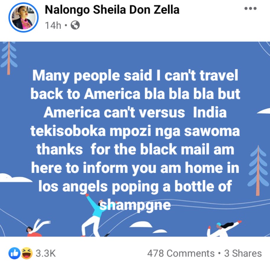 Sheila Don Zella Flies Back to USA, Laughs at Haters Who Thought She