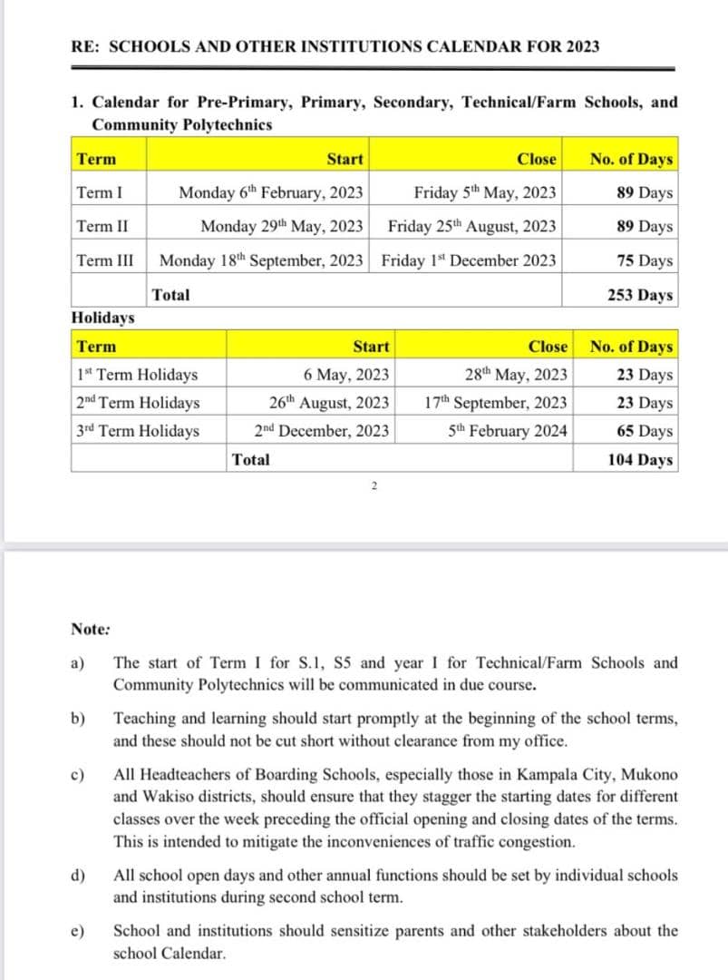 Ministry of Education Releases New School TimeTable for 2023 Academic